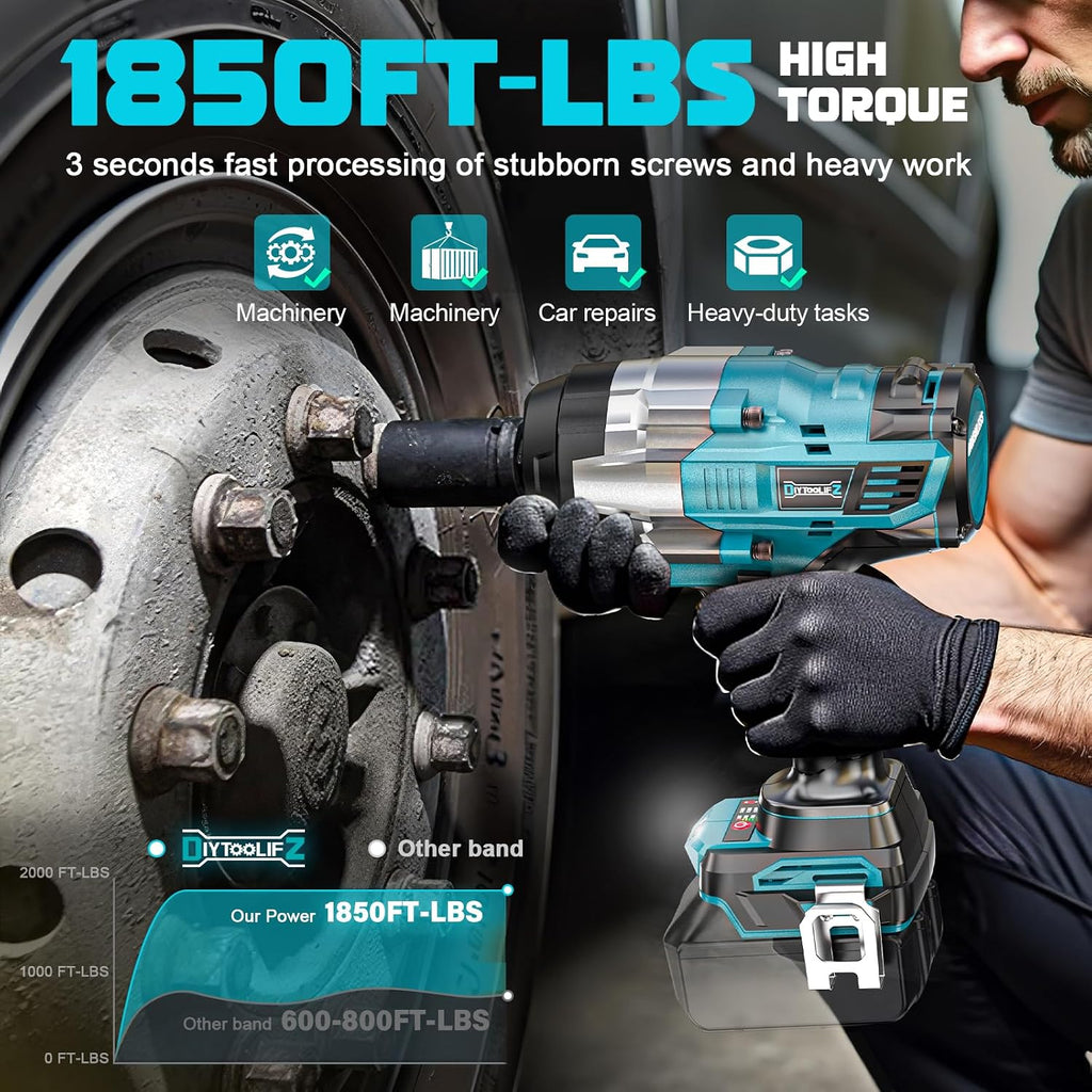 DIYtoolifz 3/4' Cordless Impact Wrench Compatible with Makita 18V Battery: 1850FT-LBS(2500N.m) High Torque Impact Driver, Auto-Stop Reverse, 4-Speed Heavy Duty Impact for Car/Truck/Mower(Bare Tool)