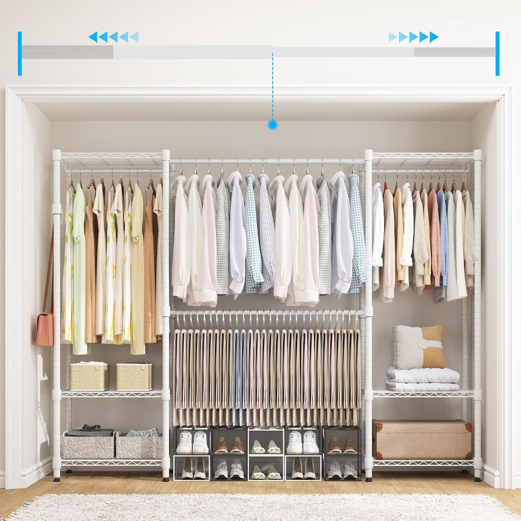 Homdox Heavy Duty Garment Rack with Extendable Hanging Rods, Adjustable Metal Clothing Rack for Hanging Clothes, Freestanding Closet Wardrobe Clothes Rack with Wire Storage Shelves, White