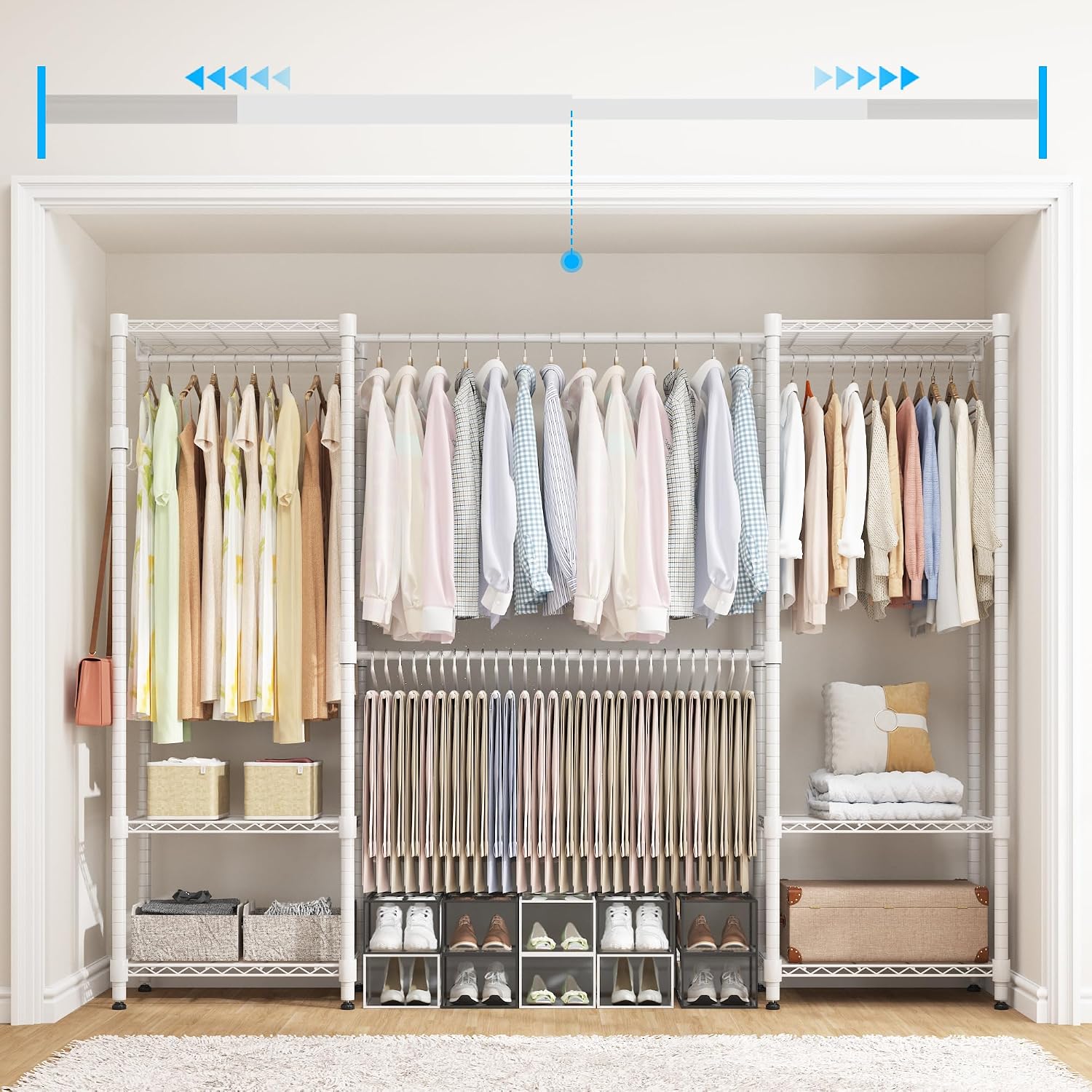 Homdox Heavy Duty Garment Rack with Extendable Hanging Rods, Adjustable Metal Clothing Rack for Hanging Clothes, Freestanding Closet Wardrobe Clothes Rack with Wire Storage Shelves, White