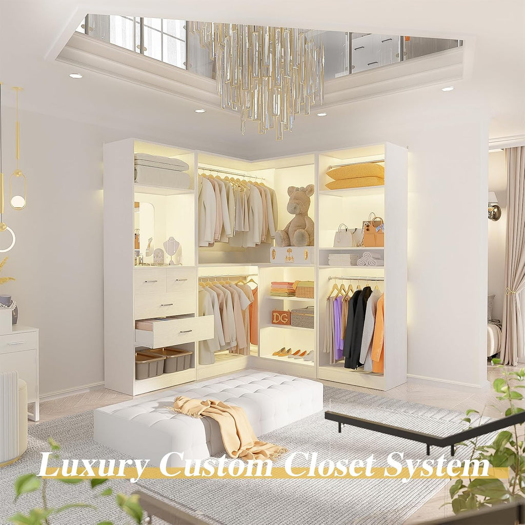 Unikito 86' Closet System, Large Corner Closets Organizer with Hanging Rods and Mirror Design, Freestanding Adjustable Wood Clothes Garment Rack with Drawers, Sturdy Walk in Closet Tower, White