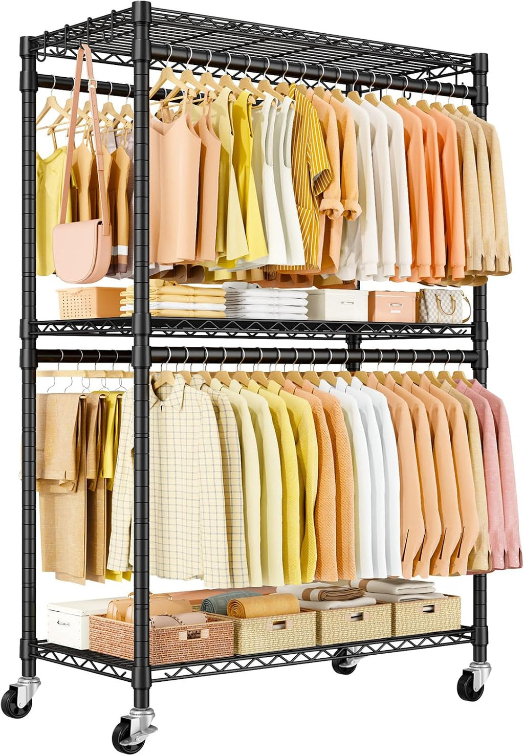 ULIFHOME P5 Plus Rolling Clothes Rack Heavy Duty, Clothing Racks for Hanging Clothes, Metal Garment Rack with Wheels, 3-Tier Portable Closet Rack 45'' W × 20.5'' D × 80.5'' H, Max Load 660 Lbs, Black
