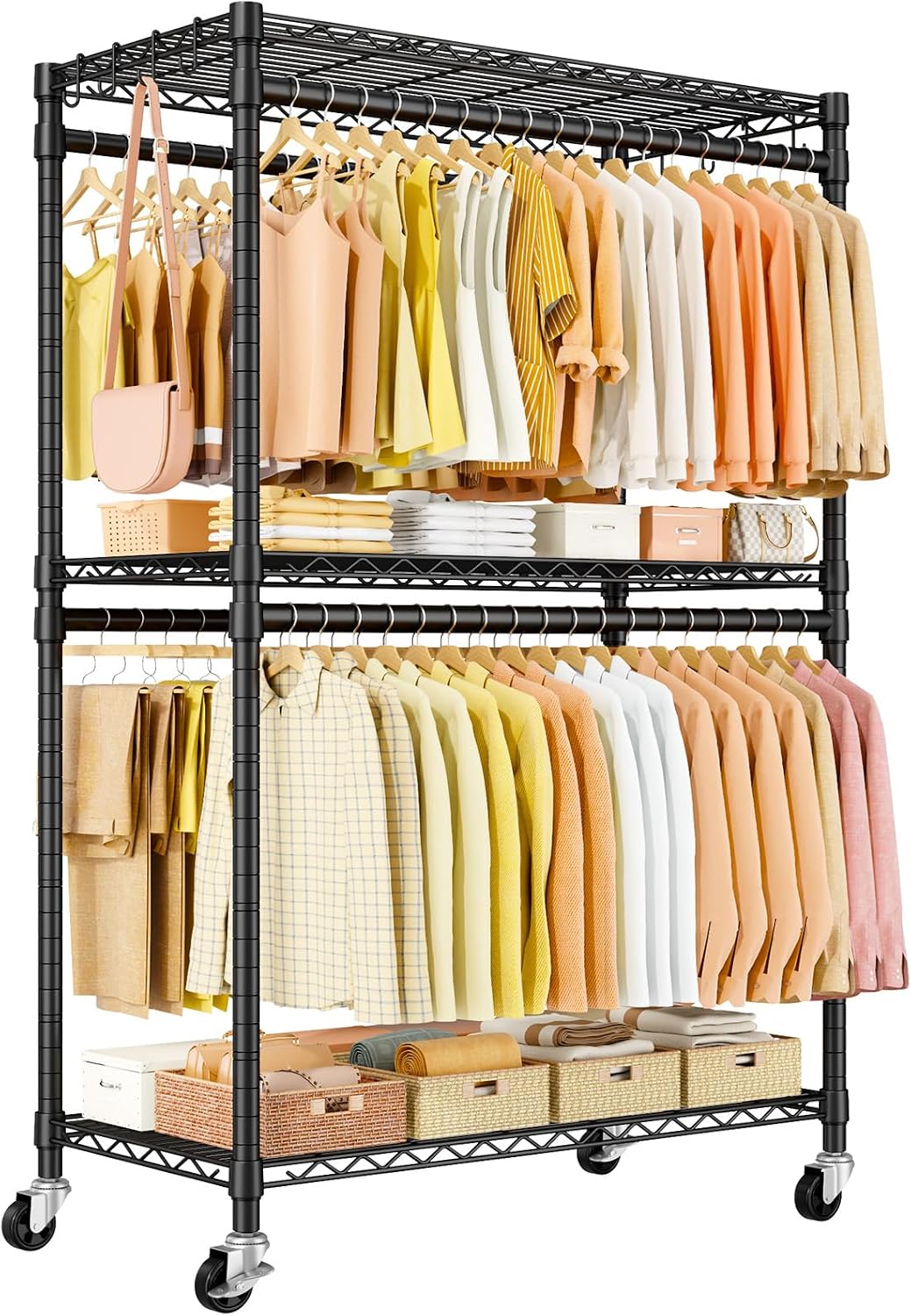 ULIFHOME P5 Plus Rolling Clothes Rack Heavy Duty, Clothing Racks for Hanging Clothes, Metal Garment Rack with Wheels, 3-Tier Portable Closet Rack 45'' W × 20.5'' D × 80.5'' H, Max Load 660 Lbs, Black