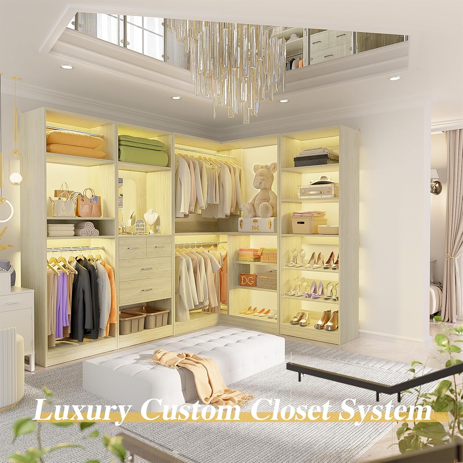 Unikito 110' Closet System with Drawers, 9.3FT Corner Closet Organizer with 4 Hanging Rods, Reversible Large Wood L Shaped Walk in Closets Wardrobe with Shoe Shelves, Set of 4, White Oak