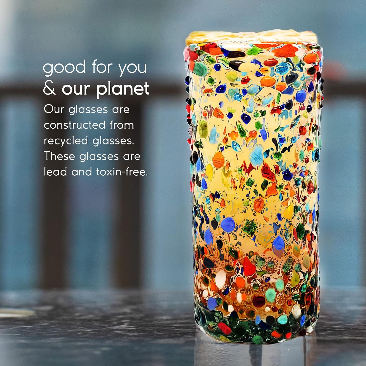 Confetti Rocks 20 oz Tall Iced Tea Glasses (set of 6) | Hand Blown Drinking Glasses, Multicolor Mexican Glassware Tumblers for Water, Juice, Margaritas & Cocktails | Lead-free, Toxin-Free