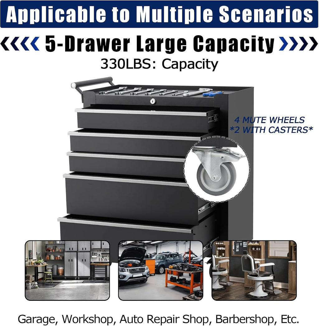 Professional 24 Inch 5-Drawer Tool Chest on Wheels, Constructed with Durable Cold-Rolled Steel, Features 4 Swivel Locking Casters & Full-Extension Drawer Slides, Mobile Tool Storage for Mechanics and