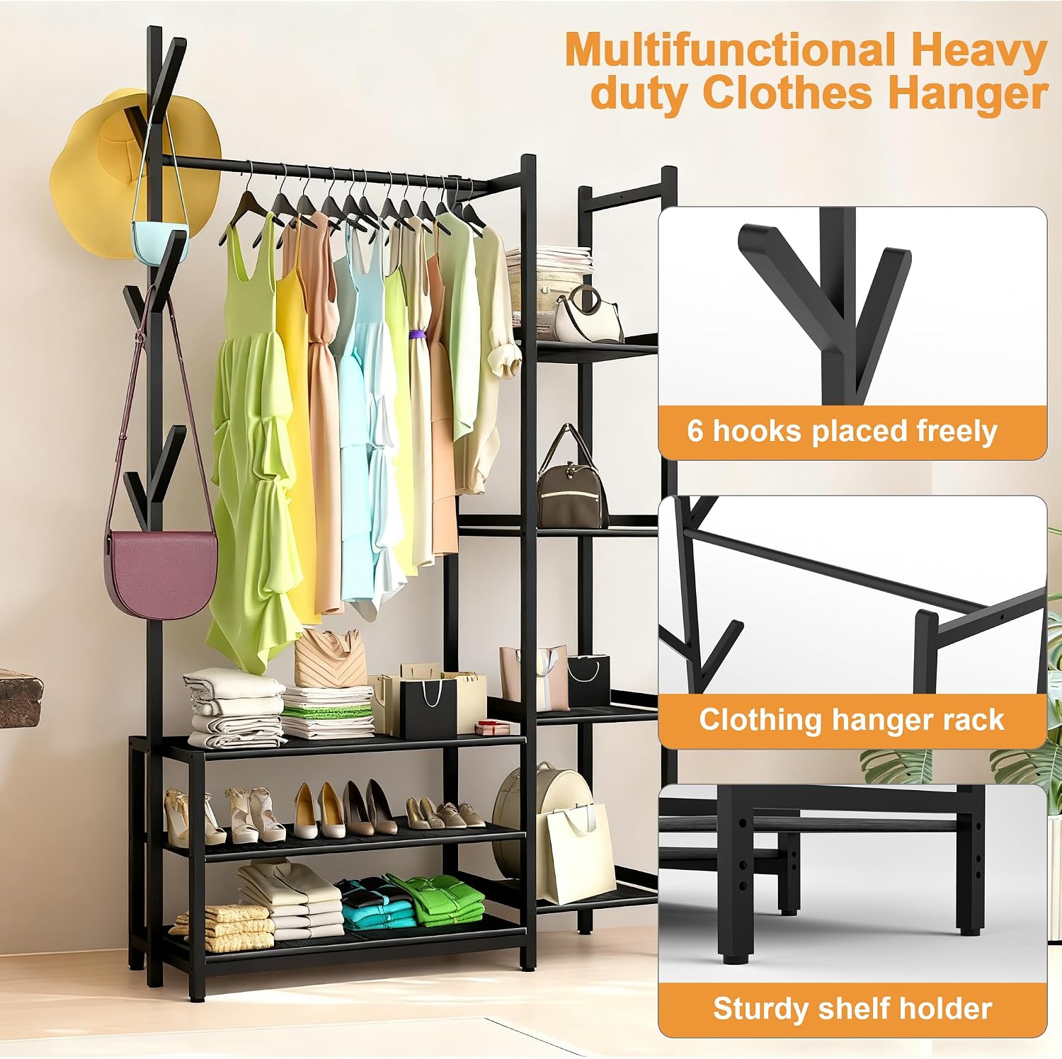 4 in 1 Freestanding Closet Organizer with Clothes Rack & Shoes Rack & 5 Side Shelves, Heavy Duty Wood Clothing Rack for Hanging Clothes, Multi-functional Wardrobe Closet for Entryway/Bedroom- Back