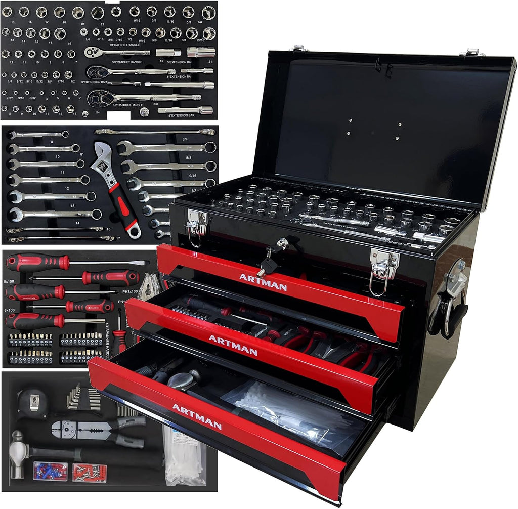 RYH 20' Portable 3-Drawer Steel Toolbox with Lock - Heavy Duty Tool Box Set for Mechanics, Electricians & Home Improvement | Includes Socket Wrench, Pliers, | Gift for Men, Handymen (Black+red)