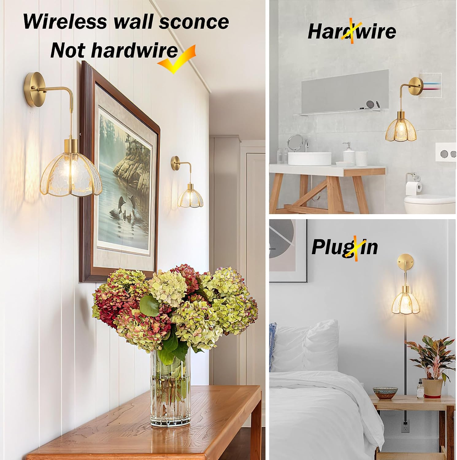 Battery Operated Wall Sconces Set Of Two, Indoor Not Hardwired Battery Wall Light With Remote Control, RGB Color Changing Dimmable Battery Powered Wall Lamp For Bedroom, Easy To Install, Bulb Included