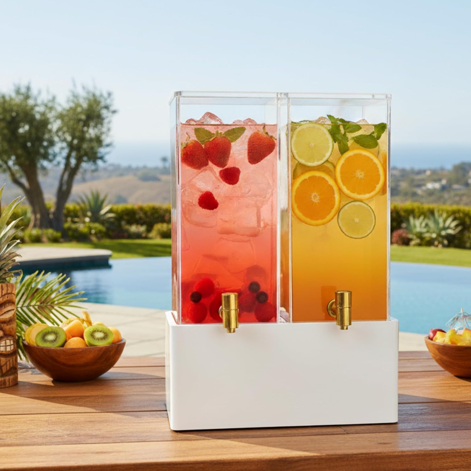 1.25 Gallon Dual Acrylic Beverage Dispenser with Metal Stand – Two-Drink Server with Ice Cores & Stainless Steel Spigots