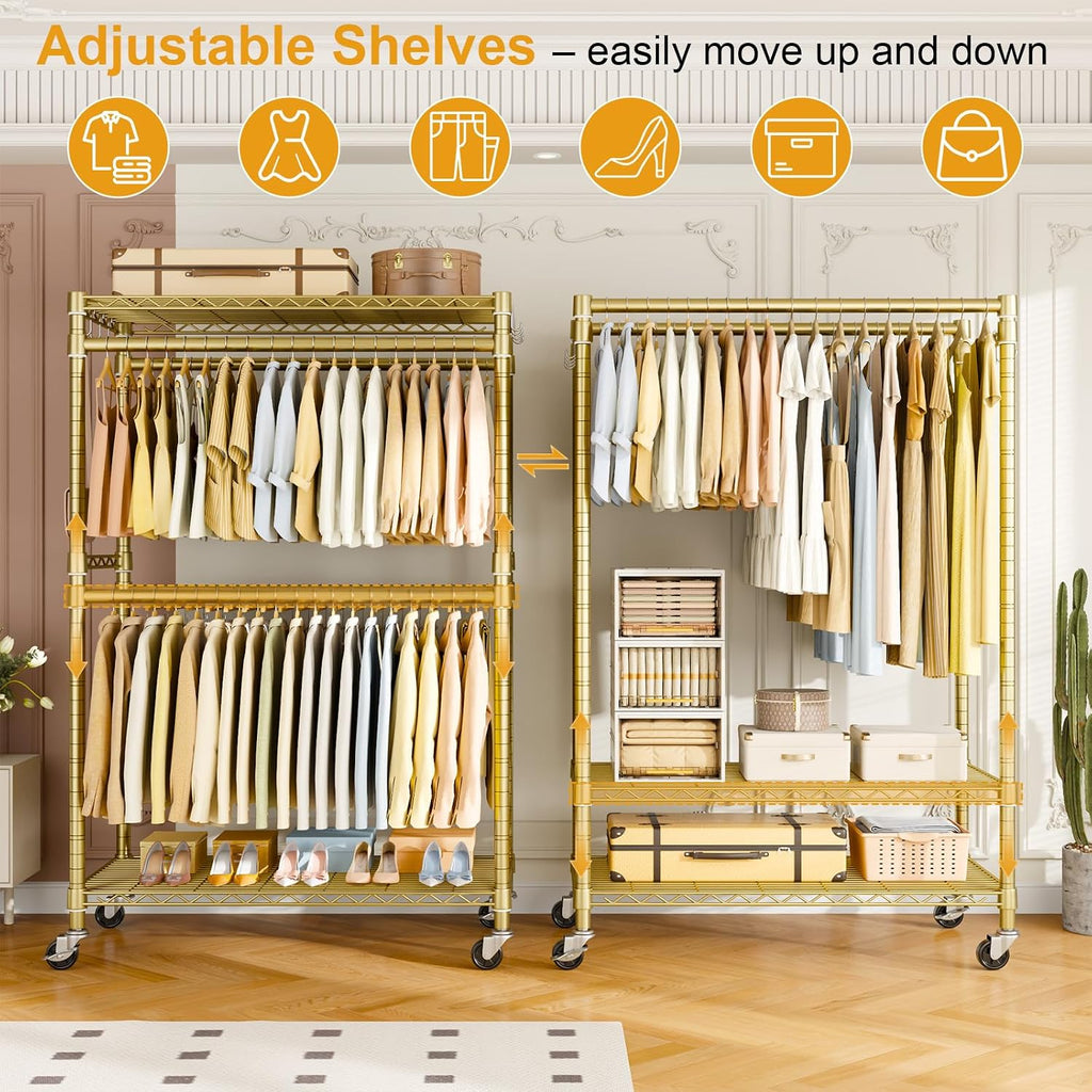 ULIFHOME P4 Plus Rolling Clothes Rack Heavy Duty, Clothing Racks for Hanging Clothes, Free Standing Garment Racks with Wheels, Portable Closet Rack 45'' W × 20.5'' D × 80.5'' H, Max Load 570 Lbs, Gold