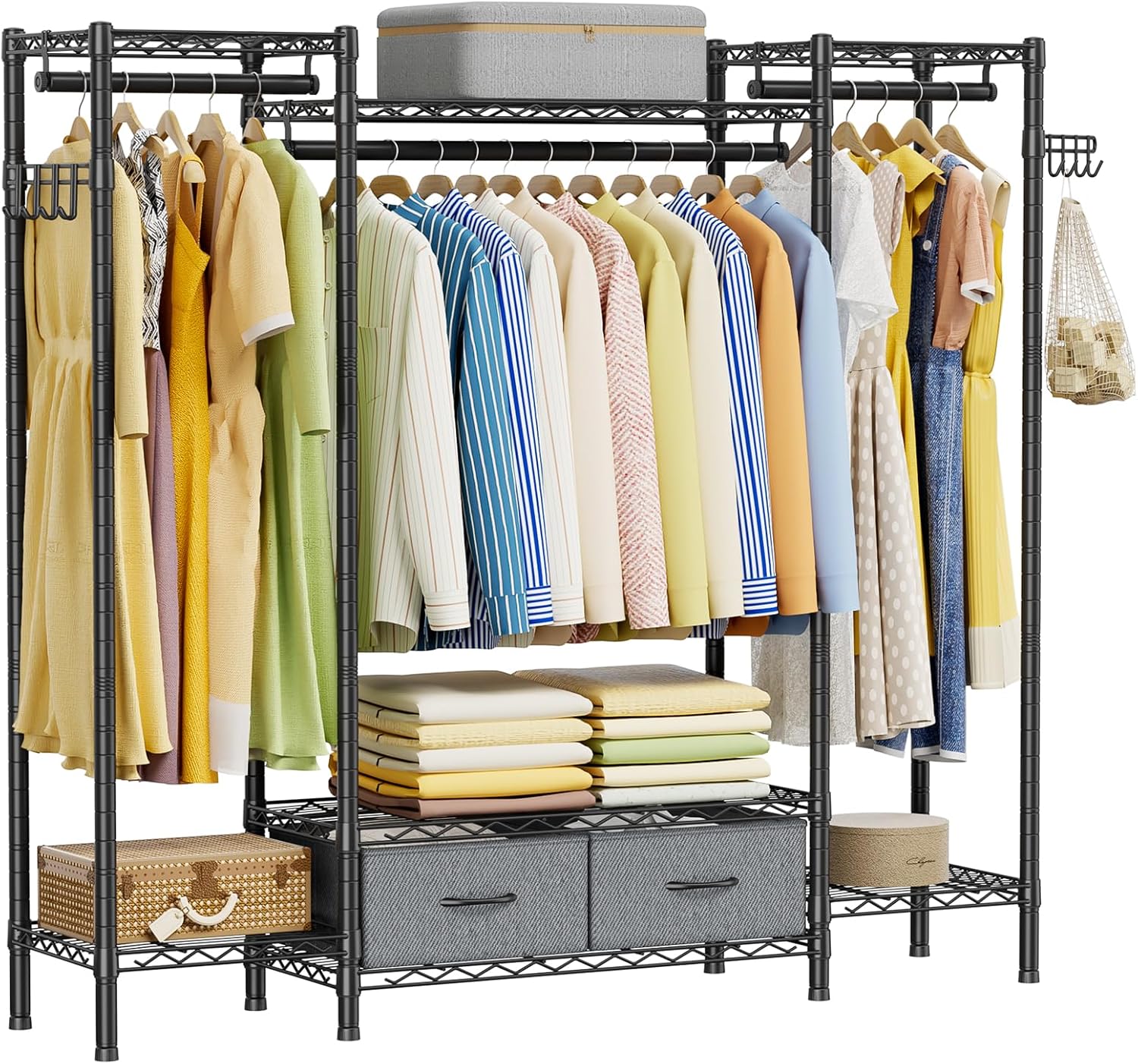 Golpart Coat Rack Clothes Wardrobe：Closet Organizer and Storage Clothing Garment Rack with Shelves Heavy Duty for Hanging Clothes Portable Adjustable Black 15.8' DX61 WX76.5 H