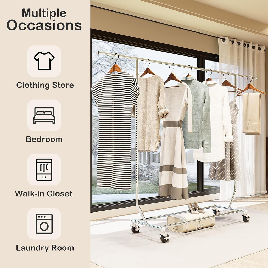 Clothes Rack With Wheels Garment Racks For Hanging Clothes Metal Portable Rack Heavy Duty One-Piece Bar Collapsible Rack For Bedroom Living Room Balcony