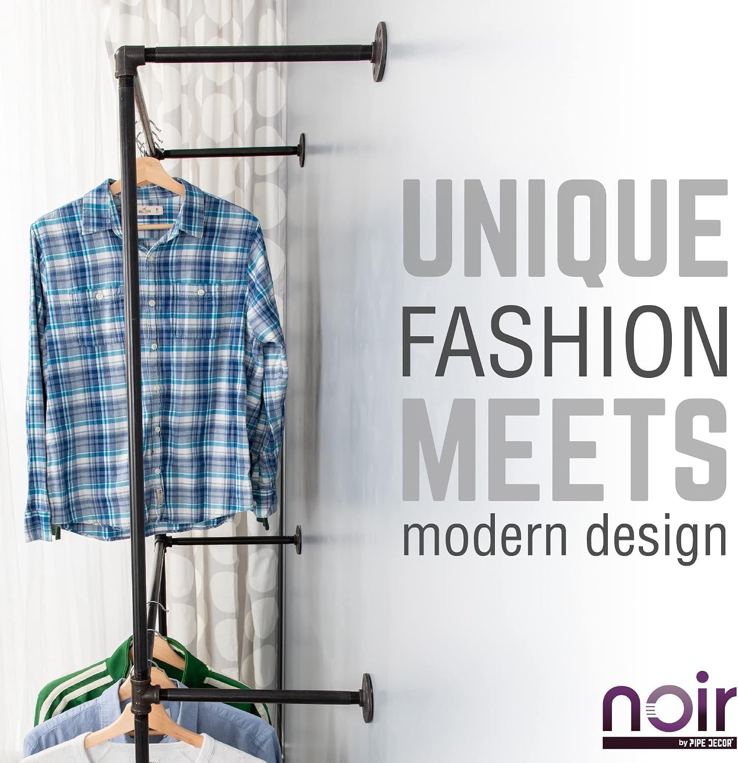 PIPE DECOR 2-Tier Wall Mounted Industrial Pipe Clothing Rack, 38.5 in W x 78.5 in H, Matte Black Pipe, Fittings and Flanges, Industrial Design and Look for Home, Retail or Commercial Use
