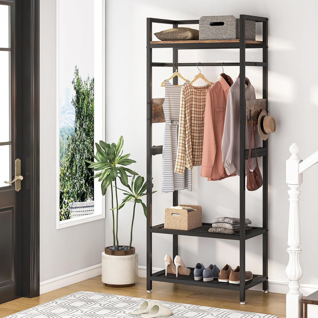 Tribesigns 69-inch Tall Narrow Clothes Garment Rack, Small Heavy Duty Closet Organizer with Shelves and Hooks, Freestanding Clothes Hanging Rack open wardrobe for Bedroom, Brown & Black