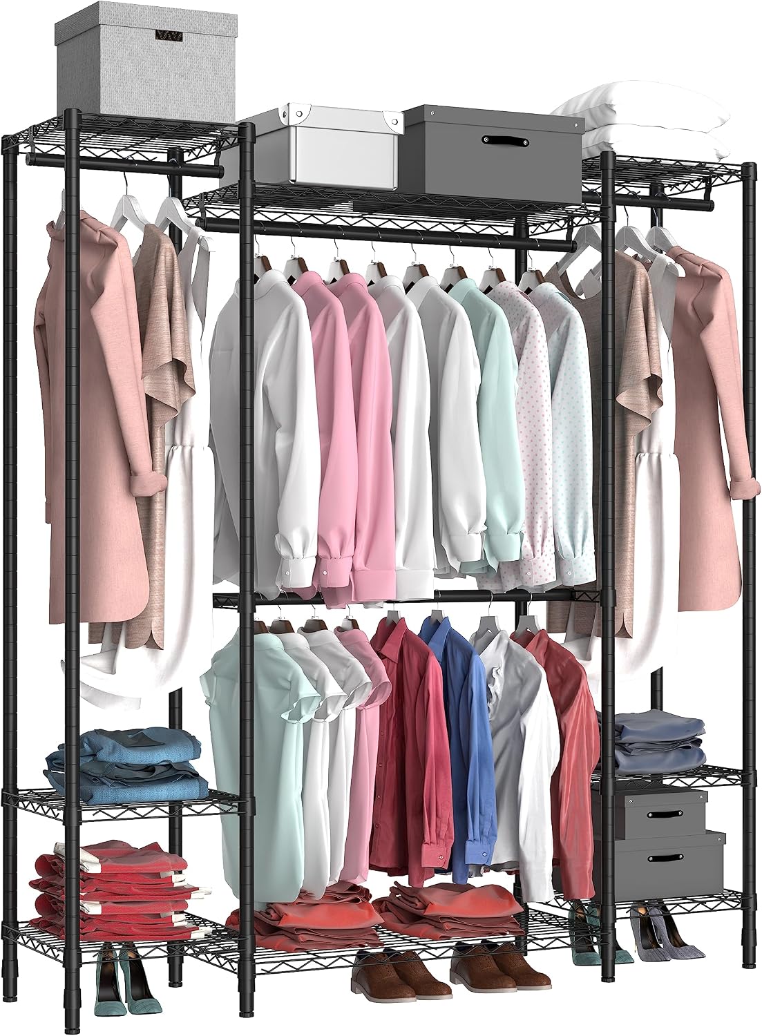 Garment Rack Heavy Duty Clothes Rack for Hanging Clothes,Metal Garment Rack,Freestanding Clothing Rack,Adjustable Custom Closet Rack,54' L x 13.8' W x 75.8' H, Max Load 750LBS,Black