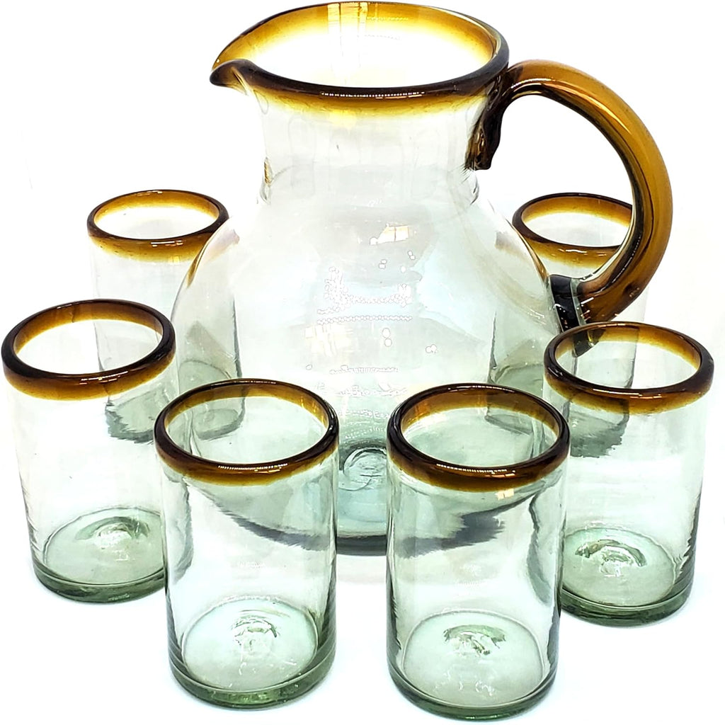 Amber Rim 120 oz Pitcher and 6 Drinking Glasses set, Recycled Glass, Lead-free, Toxin-Free (Pitcher & Glasses)