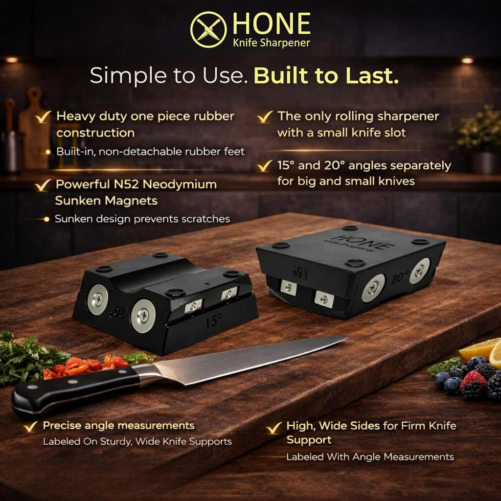 𝗛𝗢𝗡𝗘 𝗞𝗻𝗶𝗳𝗲 𝗦𝗵𝗮𝗿𝗽𝗲𝗻𝗲𝗿 Engineered in Canada, Kitchen Rolling Knife Sharpener with Ball Bearings, Detachable Dual-Sided Diamond Plates, Small Knives Slot, 20° & 15° Precision Sharpening