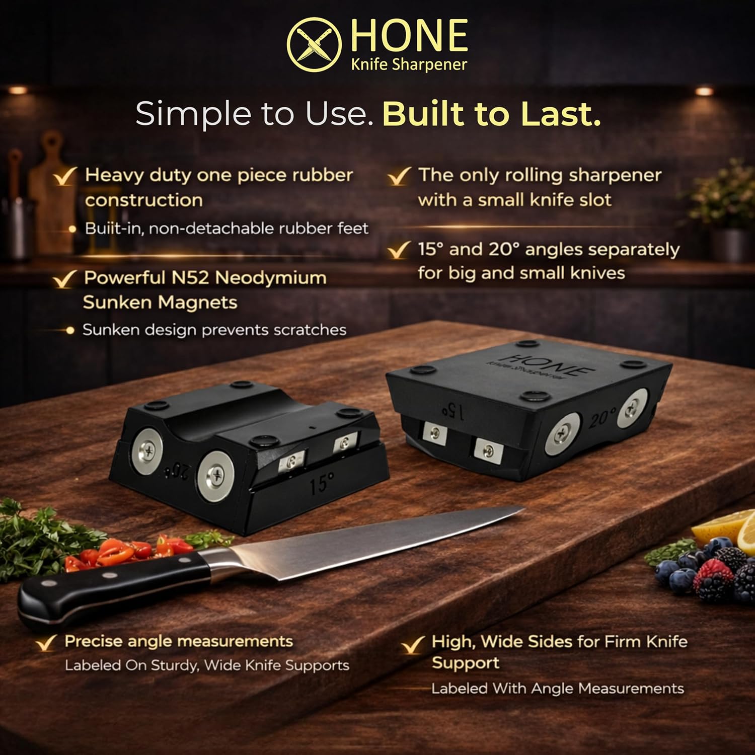 𝗛𝗢𝗡𝗘 𝗞𝗻𝗶𝗳𝗲 𝗦𝗵𝗮𝗿𝗽𝗲𝗻𝗲𝗿 Engineered in Canada, Kitchen Rolling Knife Sharpener with Ball Bearings, Detachable Dual-Sided Diamond Plates, Small Knives Slot, 20° & 15° Precision Sharpening