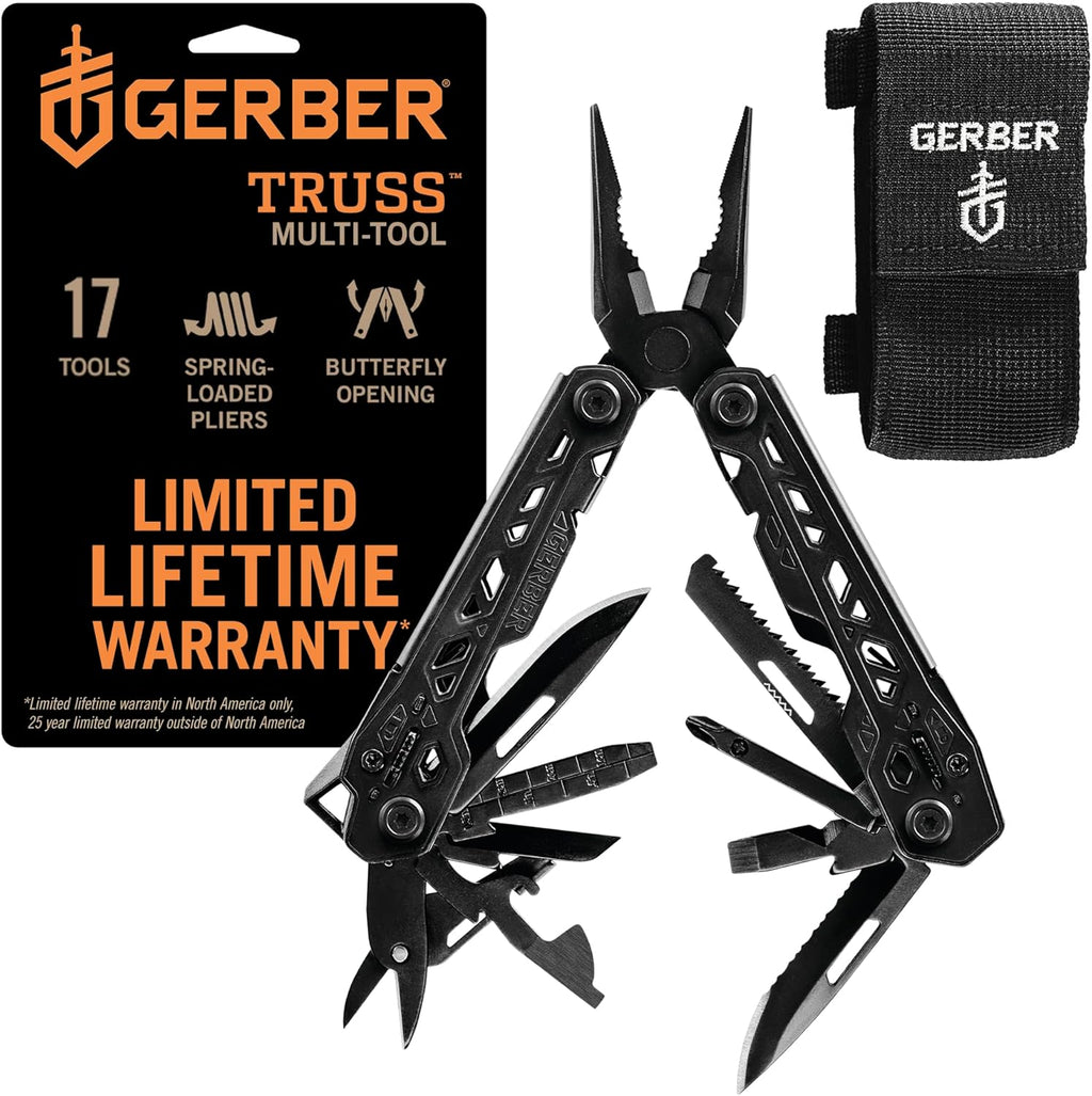 Gerber Gear Truss Multitool, Gifts for Men, 17-in-1 EDC Needle Nose Pliers, includes Pocket Knife, Screwdriver, and Bottle Opener Accessories, Fishing and Camping Gear, Black (Pack of 12)