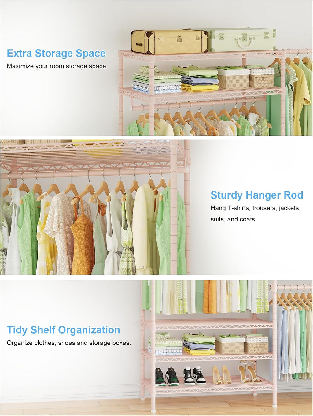 Ulif E11 Heavy-Duty Garment Rack, Metal Freestanding Clothes Rack and Closet Storage Organizer System with 8 Shelves and 4 Hanger Rods, (73.2-97.6)' W x 14.5' D x 71.2' H, Load 1034 LBS, Pink