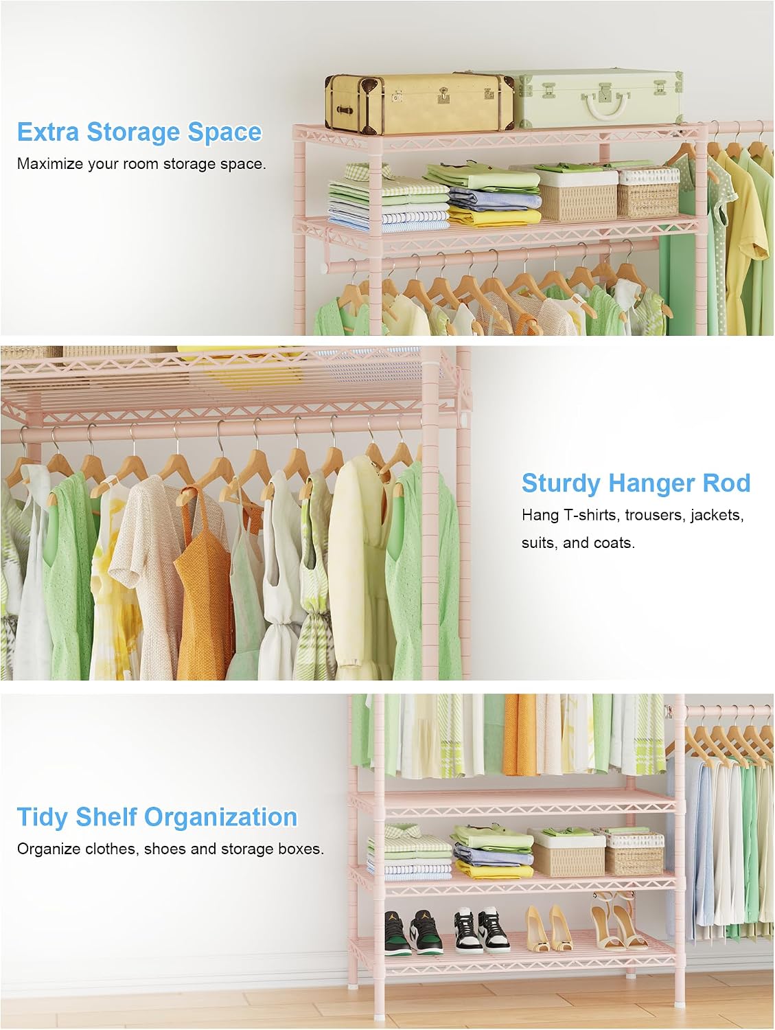 Ulif E11 Heavy-Duty Garment Rack, Metal Freestanding Clothes Rack and Closet Storage Organizer System with 8 Shelves and 4 Hanger Rods, (73.2-97.6)' W x 14.5' D x 71.2' H, Load 1034 LBS, Pink