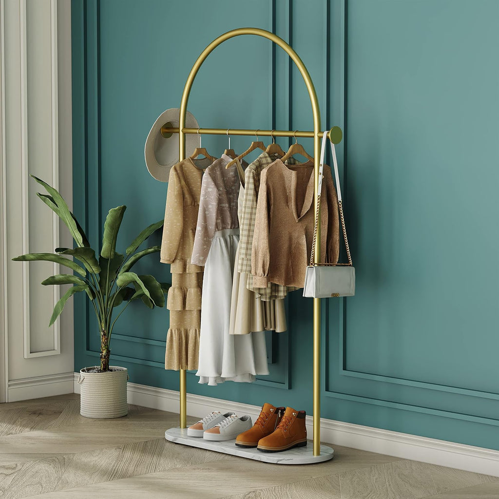HKaikzo Gold Clothing Rack with Real Marble Base – 67' Freestanding Garment Display Stand, Holds 150+ lbs, Modern Metal Coat Rack for Boutique Store, Entryway, Bedroom & Small Spaces