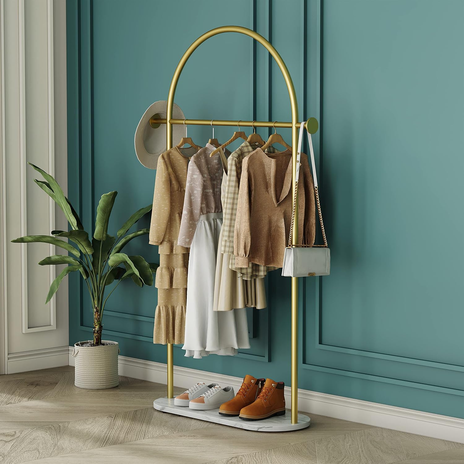HKaikzo Gold Clothing Rack with Real Marble Base – 67' Freestanding Garment Display Stand, Holds 150+ lbs, Modern Metal Coat Rack for Boutique Store, Entryway, Bedroom & Small Spaces