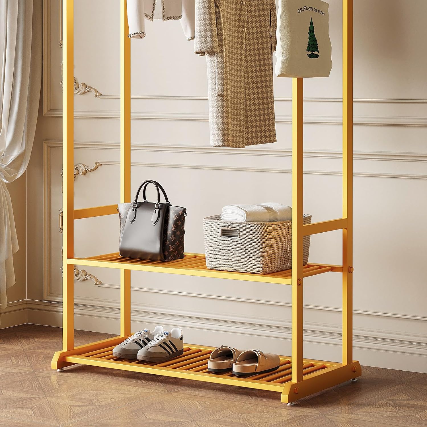 Gold Clothing Rack for Hanging Clothes,Sturdy metal clothes rack,Modern Garment Rack with Bottom Storage Shelves and 6 Side Hooks, Freestanding Wardrobe Rack for Bedroom or Closet
