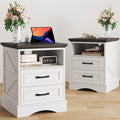 Fluest 24' Tall Farmhouse Nightstands Set of 2, Night Stands with Fast Charging Station, Beside Tables with Drawers and Open Storage, Rustic End Tables for Bedroom, Antique White