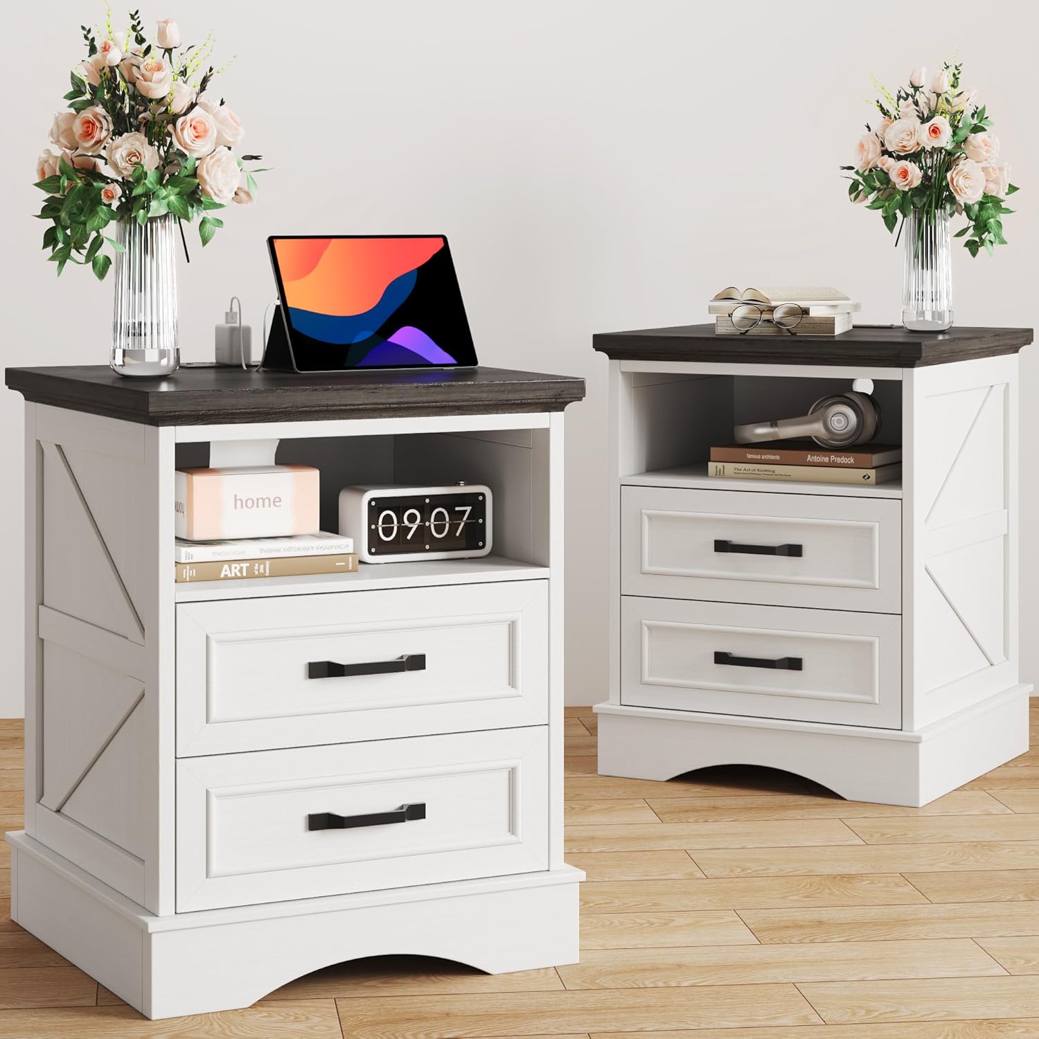 Fluest 24' Tall Farmhouse Nightstands Set of 2, Night Stands with Fast Charging Station, Beside Tables with Drawers and Open Storage, Rustic End Tables for Bedroom, Antique White