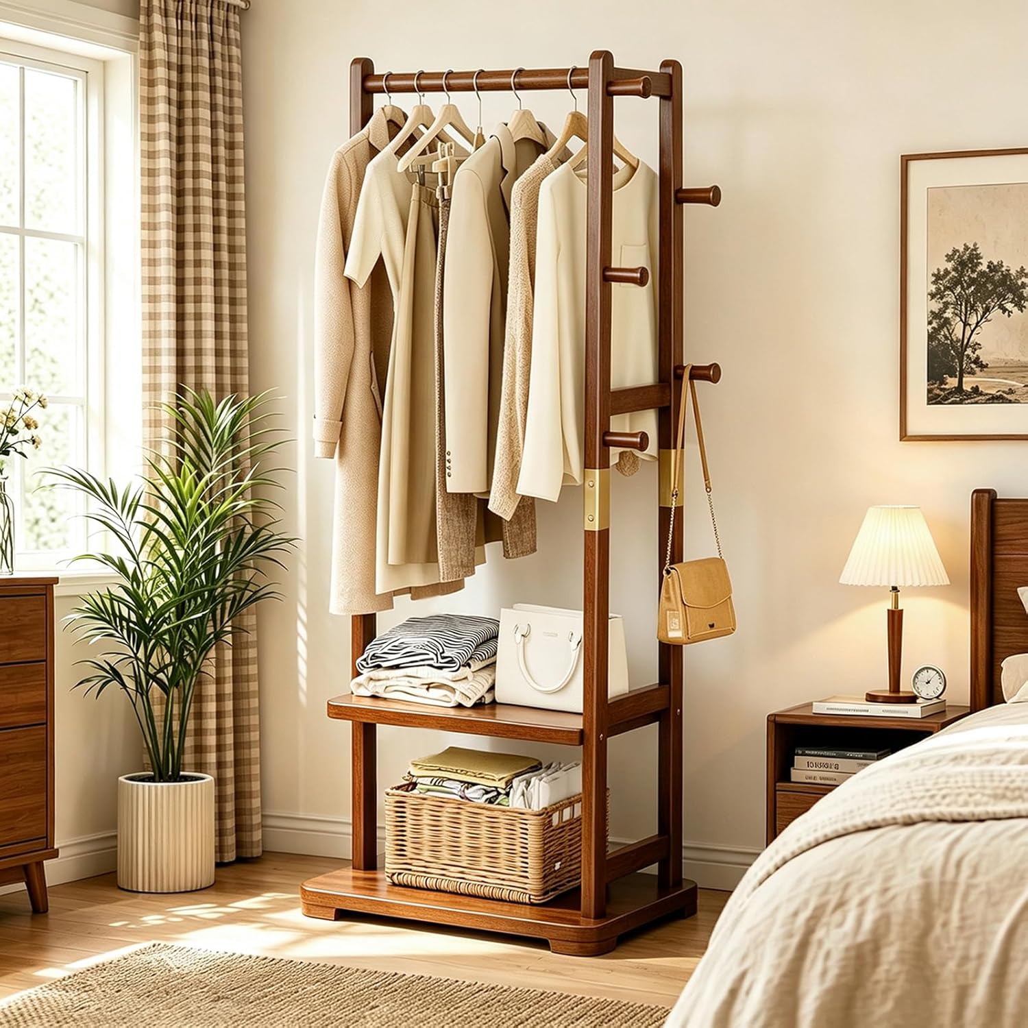 Taitiy Coat Rack Solid Wood Clothes Rack with 2 Shelves & 5 Hooks for Hanging Clothes Garment Wallets Hats, Clothing Rack Coat Rack Freestanding Hall Tree with Storage for Hallway Bedroom Living Room