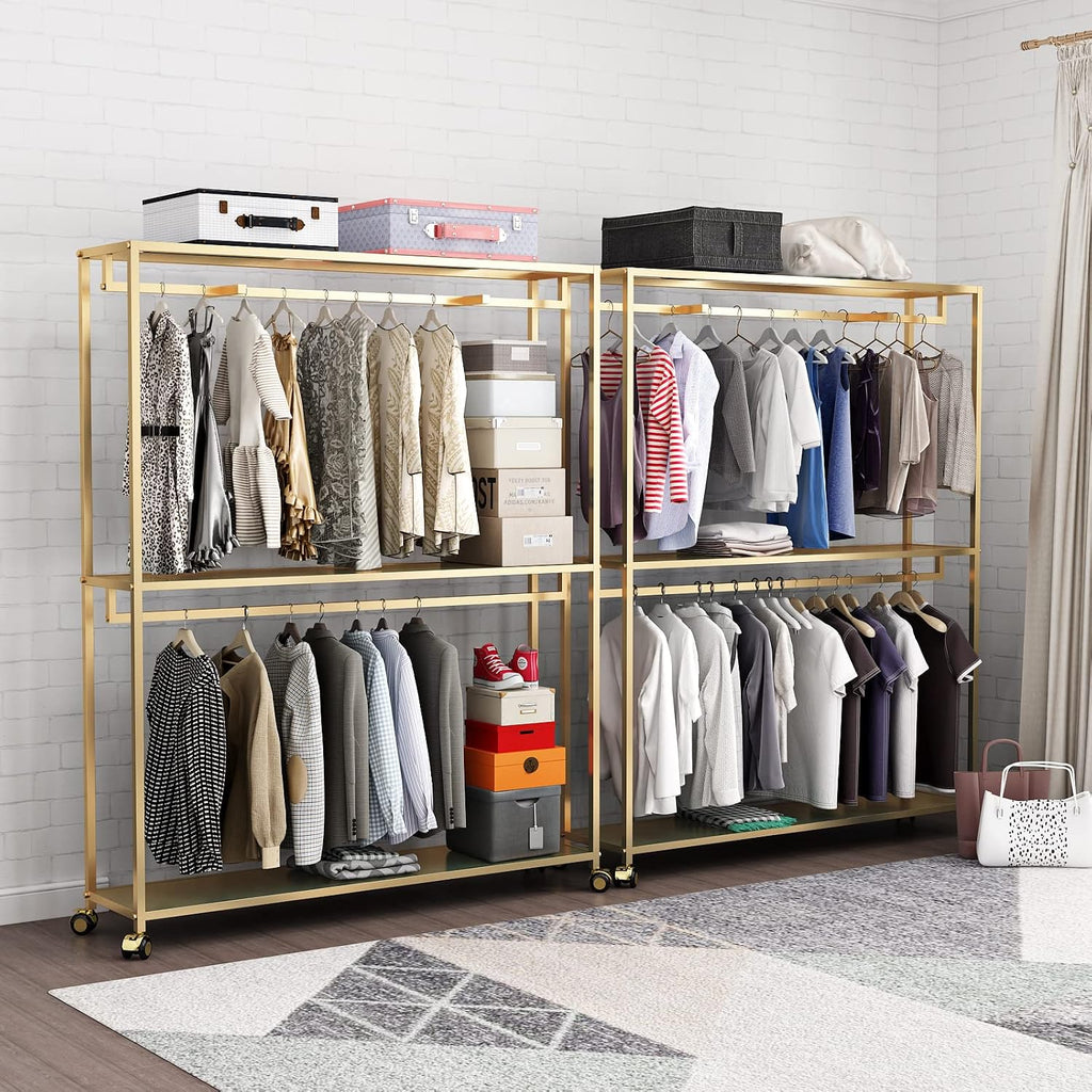 TIEOU Gold Clothes Racks Free-Standing, Gold Clothing Rack with Shelves for Boutiques, Heavy Duty Garment Rack for Hanging Clothes, Large Wardrobe Closet(Only One Shelf)
