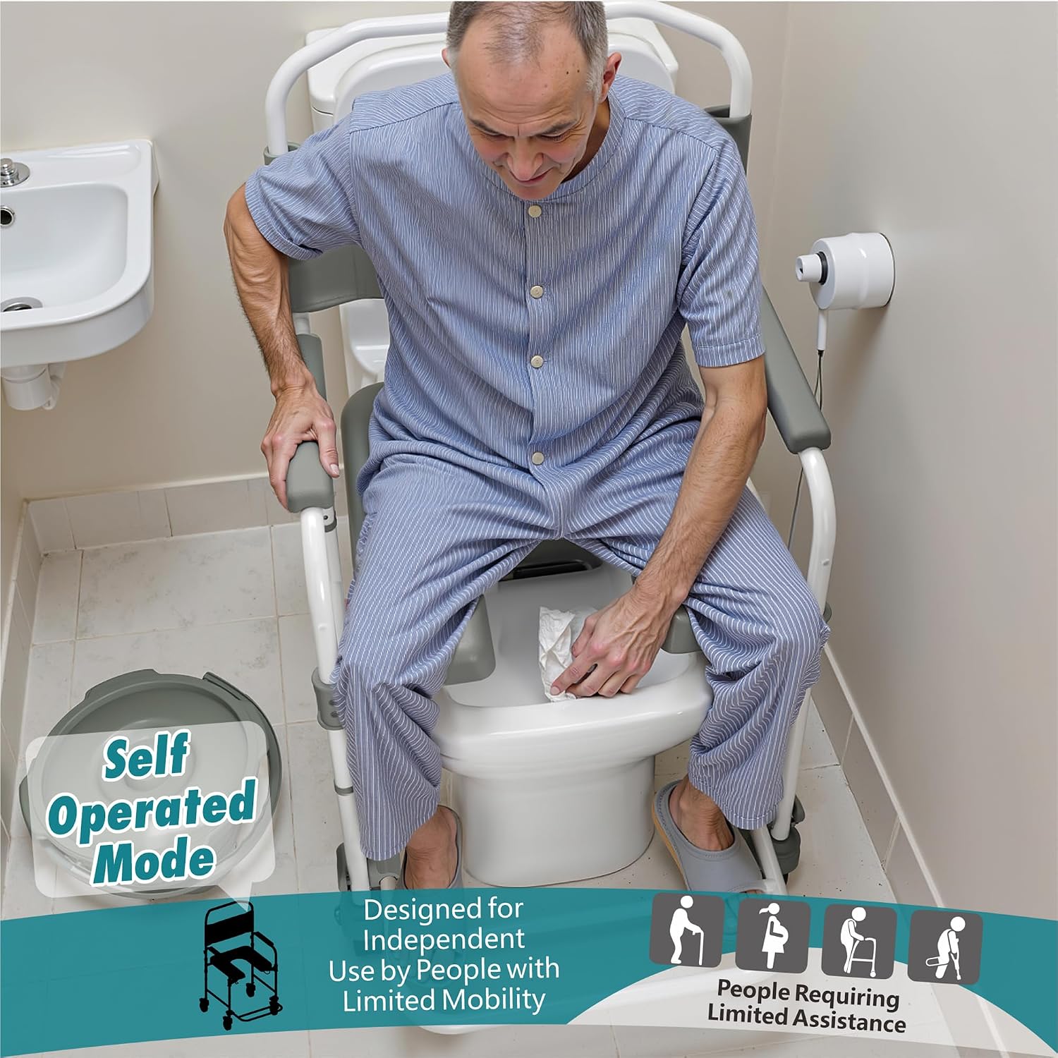 Bedside Commode with Wheels, Shower Wheelchair with 300 LBS Weight Capacity, Portable Toilet with Bucket for Elderly and Disabled