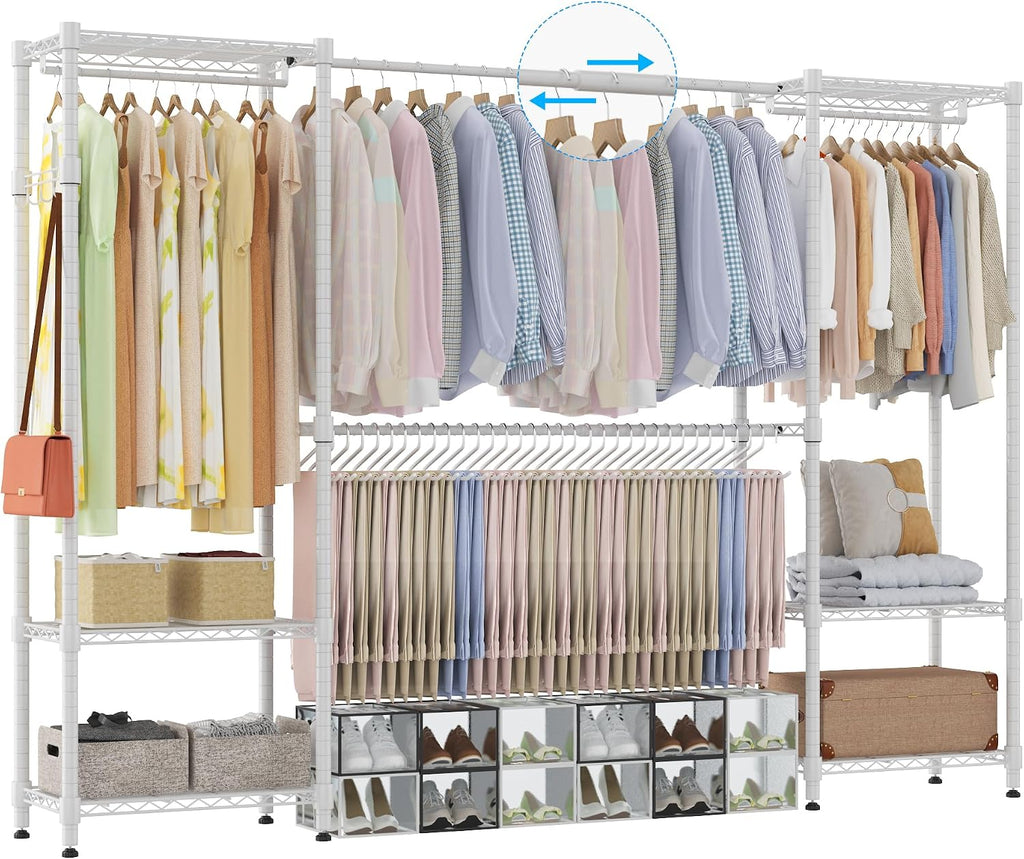 Homdox Heavy Duty Garment Rack with Extendable Hanging Rods, Adjustable Metal Clothing Rack for Hanging Clothes, Freestanding Closet Wardrobe Clothes Rack with Wire Storage Shelves, White
