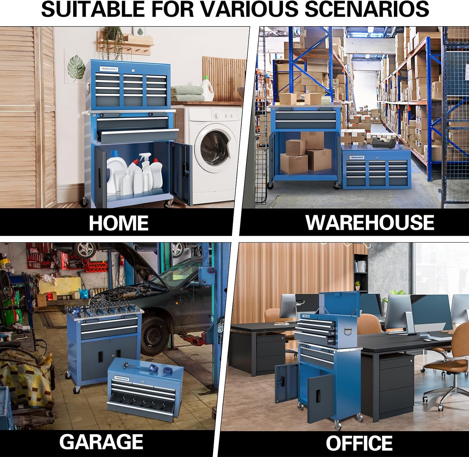 LARBANKE 5-Drawer Tool Chest & 8-Drawer Tool Cabinet with Stainless Steel Countertop, Locking System & Connection Buckle,Cabinet Featuring 360° Swivel Wheels with Brakes&Foot Pads,Blue
