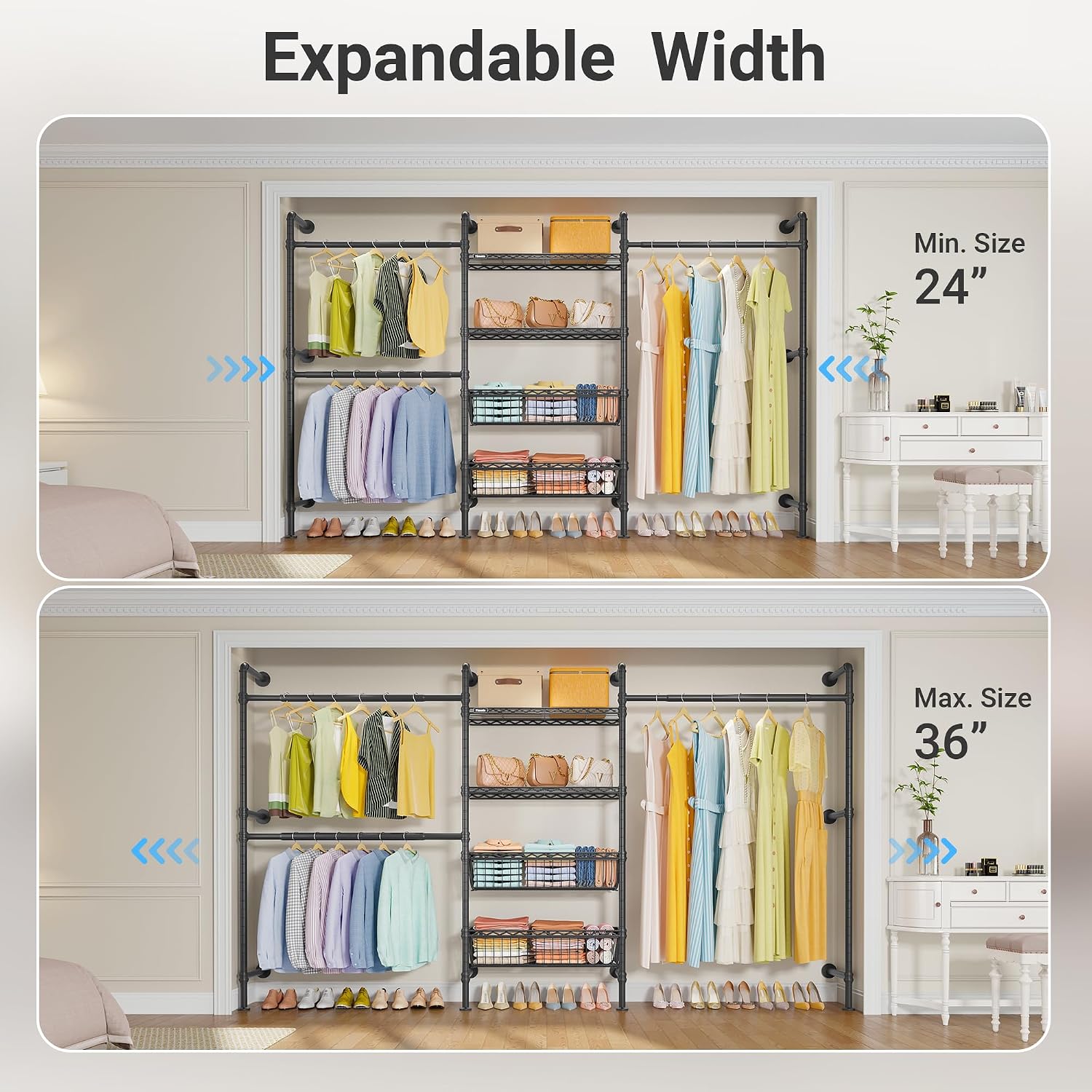 Timate X3 Expandable Heavy Duty Clothes Rack Wall Mounted Clothing Rack for Hanging Clothes, Industrial Pipe Closet System for Walk in Closet Kit Wall Mount Clothes Rack with Basket, Black Wall Closet