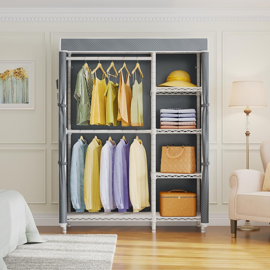VIPEK V7C Garment Racks with Cover Portable Closets for Hanging Clothes, Heavy Duty Clothes Rack with Shelves Metal Closet Wardrobe, Max 670lbs, White Rack with Grey Upgraded Polyester Cover