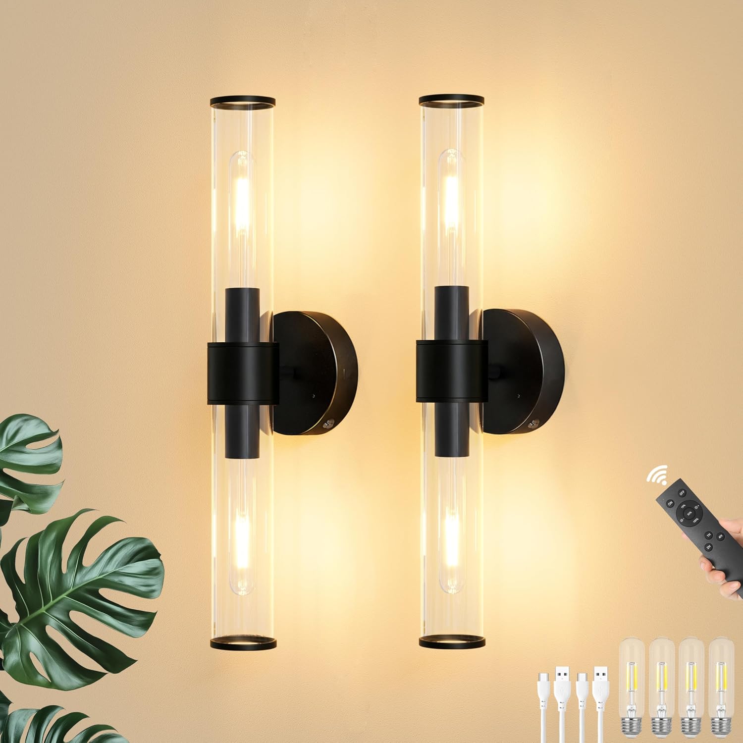 Morauroral Black Battery Operated Wall Sconces Set of 2, Rechargeable Wall Lights with Remote, 20 Inch Modern Wireless Wall Lamp for Bedroom, Living Room with Glass Shade (Bulbs Included)