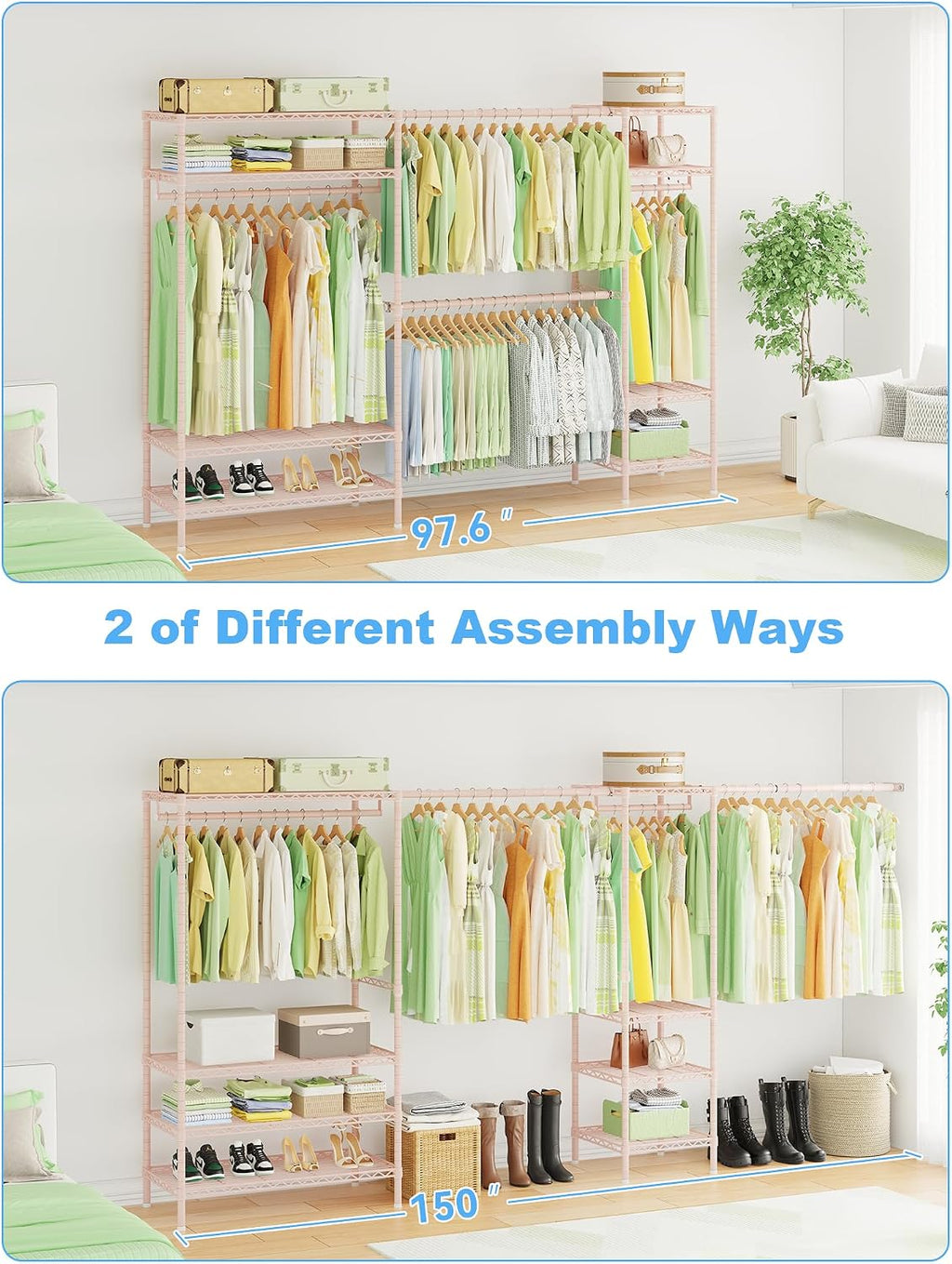 Ulif E11 Heavy-Duty Garment Rack, Metal Freestanding Clothes Rack and Closet Storage Organizer System with 8 Shelves and 4 Hanger Rods, (73.2-97.6)' W x 14.5' D x 71.2' H, Load 1034 LBS, Pink
