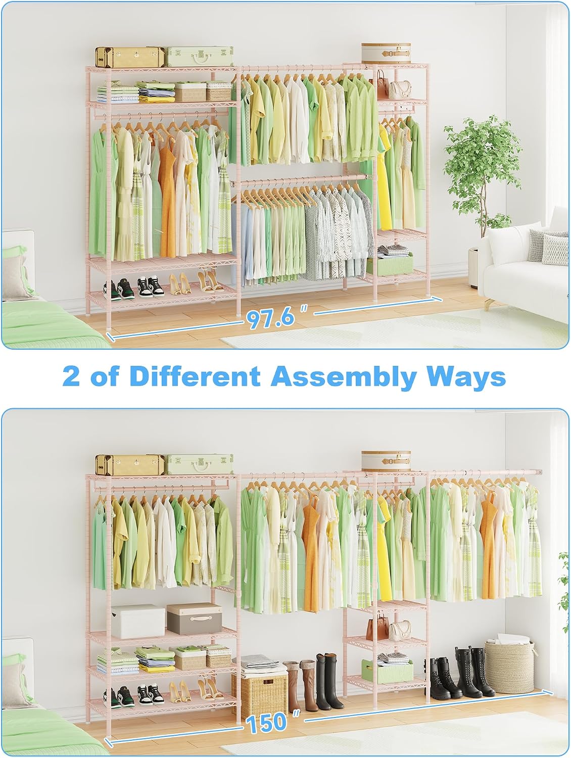 Ulif E11 Heavy-Duty Garment Rack, Metal Freestanding Clothes Rack and Closet Storage Organizer System with 8 Shelves and 4 Hanger Rods, (73.2-97.6)' W x 14.5' D x 71.2' H, Load 1034 LBS, Pink