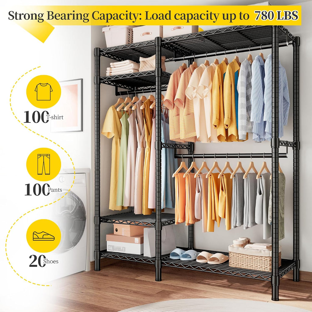 Raybee Clothes Rack Loads 780LBS, Clothes Rack for Hanging Clothes, Heavy Duty Clothing Racks with Wheels, Freestanding & Tool-Free Adjustable Metal Portable Closet with Shelves, Black