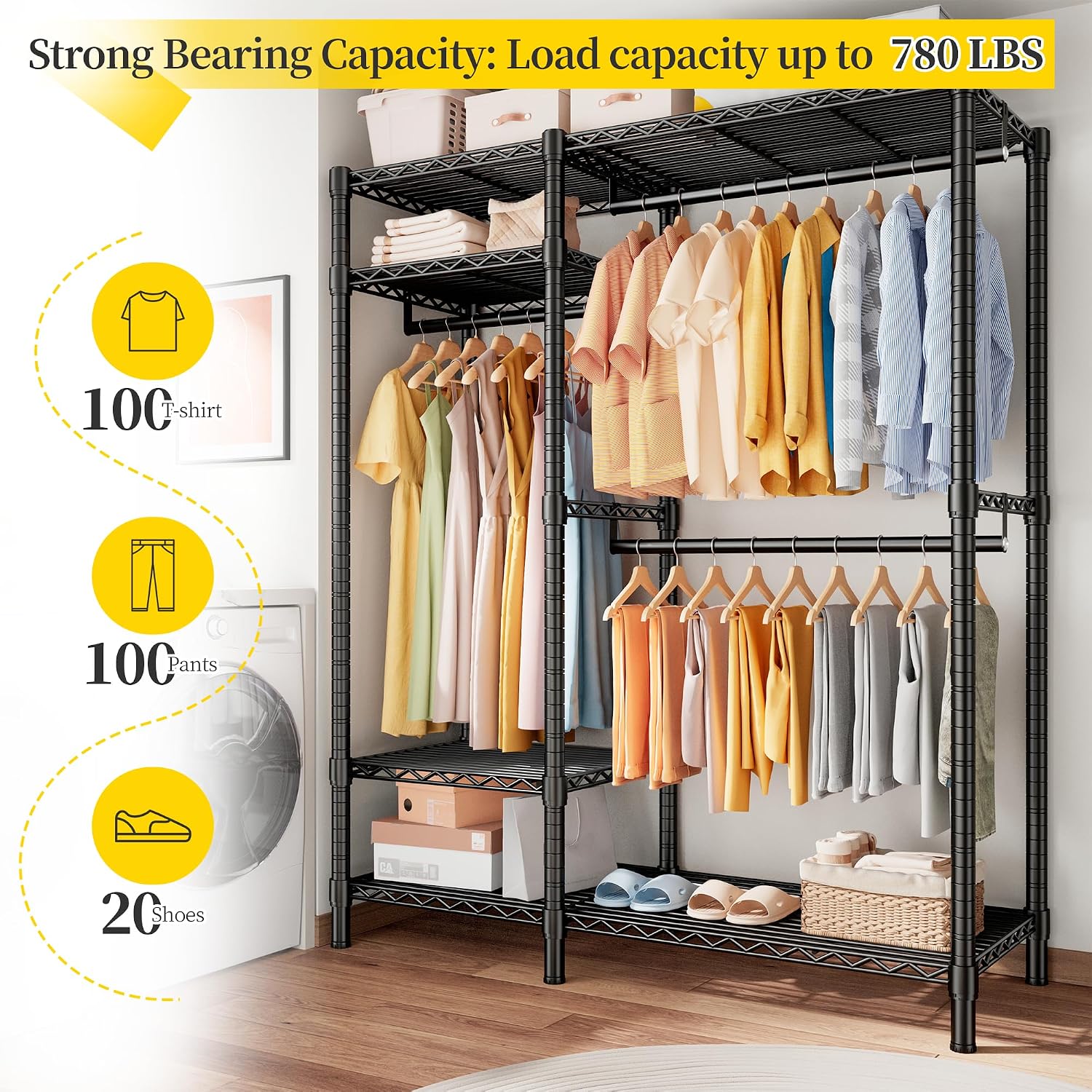 Raybee Clothes Rack Loads 780LBS, Clothes Rack for Hanging Clothes, Heavy Duty Clothing Racks with Wheels, Freestanding & Tool-Free Adjustable Metal Portable Closet with Shelves, Black