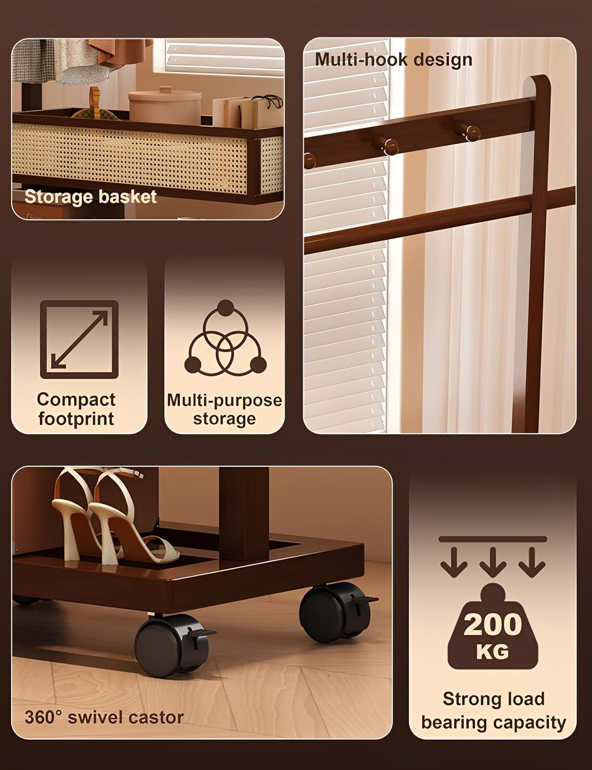 Garment Rack With Storage Basket Bamboo Clothing Rack for Hanging Clothes Rolling Clothes Rack for Small Spaces Standing Coat Rack for Bedroom Living Room (33.5' W x 12.6' D x 68.1' H)