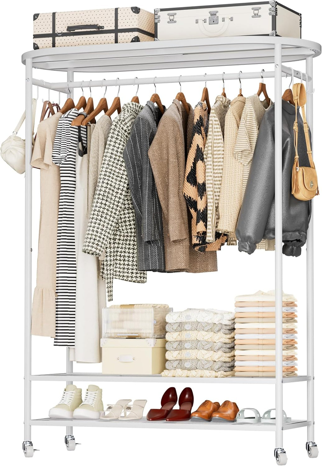 Clothes Rack with Cover, Heavy Duty Portable Closet for Hanging Clothes, Rolling Clothing Closet, Garment Rack with Wheels&Side Hooks, Closet Organizers and Storage with Cover, Max Load 380LBS, White
