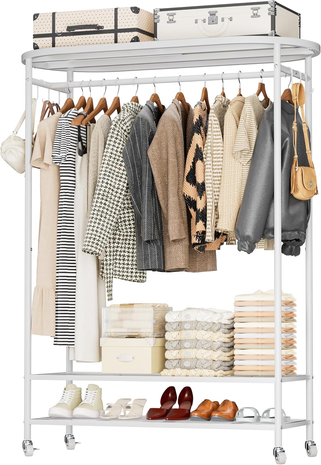Clothes Rack with Cover, Heavy Duty Portable Closet for Hanging Clothes, Rolling Clothing Closet, Garment Rack with Wheels&Side Hooks, Closet Organizers and Storage with Cover, Max Load 380LBS, White