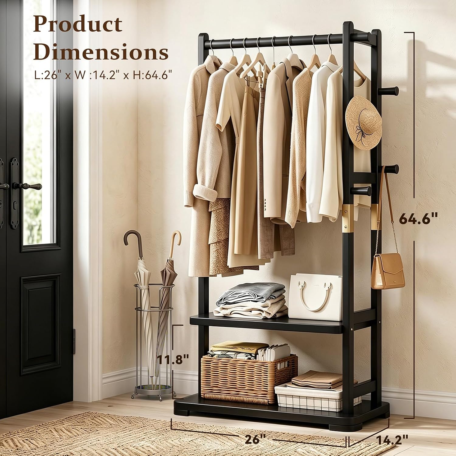 Solid Wood Clothes Rack with 2 Shelves & 4 Hooks for Hanging Clothes Garment Wallets Hats, Black Clothing Rack Heavy Duty Coat Rack Freestanding with Storage Hall Tree for Hallway Bedroom Living Room