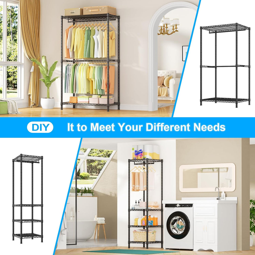 Ulif E10 Clothes Rack（With Stretchable Hanger Rod）Freestanding Clothing Racks for Hanging Clothes，Adjustable Closet Organizer System，Portable Garment Rack 73-97'W x 15' D x 72' H，Max Load 800LBS，Black