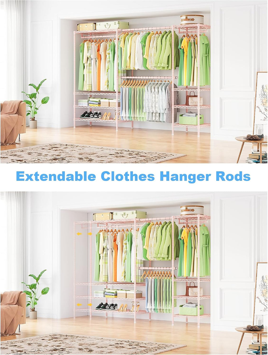 Ulif E11 Heavy-Duty Garment Rack, Metal Freestanding Clothes Rack and Closet Storage Organizer System with 8 Shelves and 4 Hanger Rods, (73.2-97.6)' W x 14.5' D x 71.2' H, Load 1034 LBS, Pink