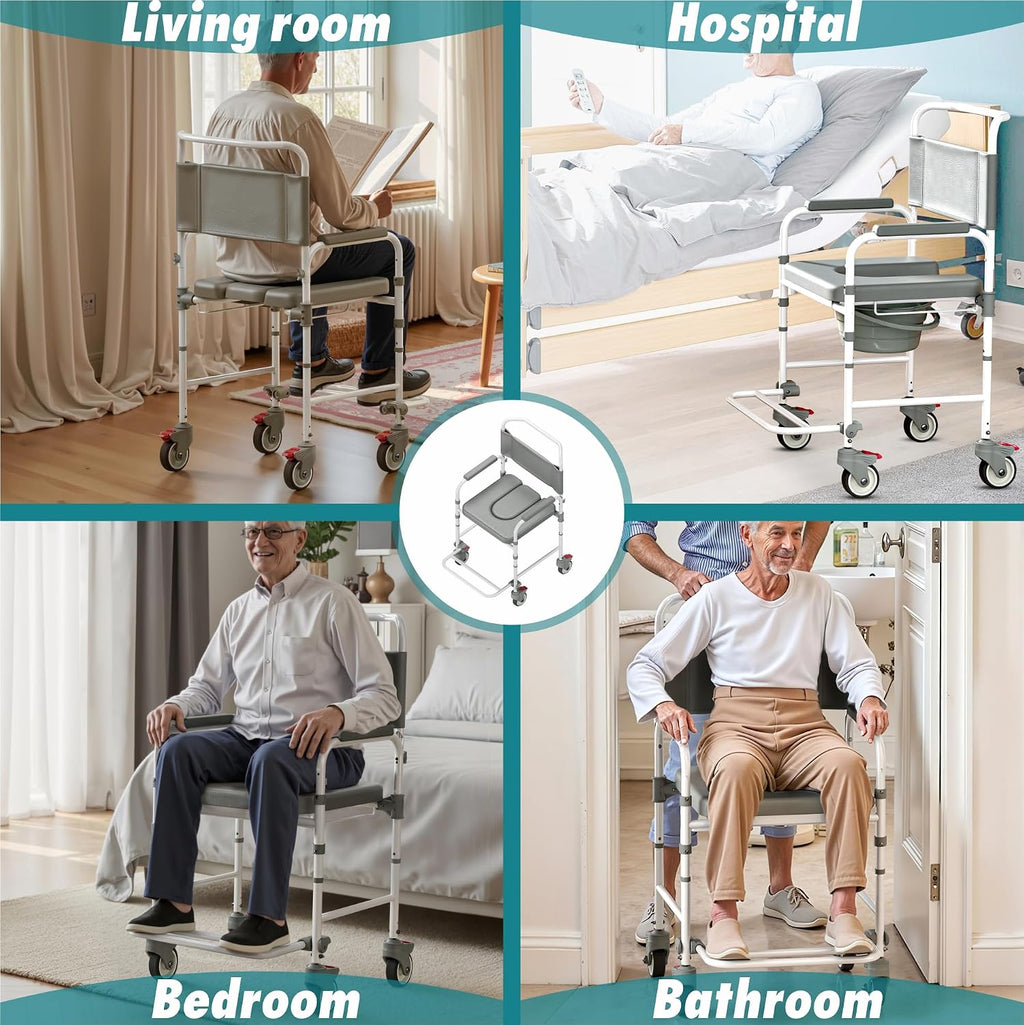 Bedside Commode with Wheels, Shower Wheelchair with 300 LBS Weight Capacity, Portable Toilet with Bucket for Elderly and Disabled