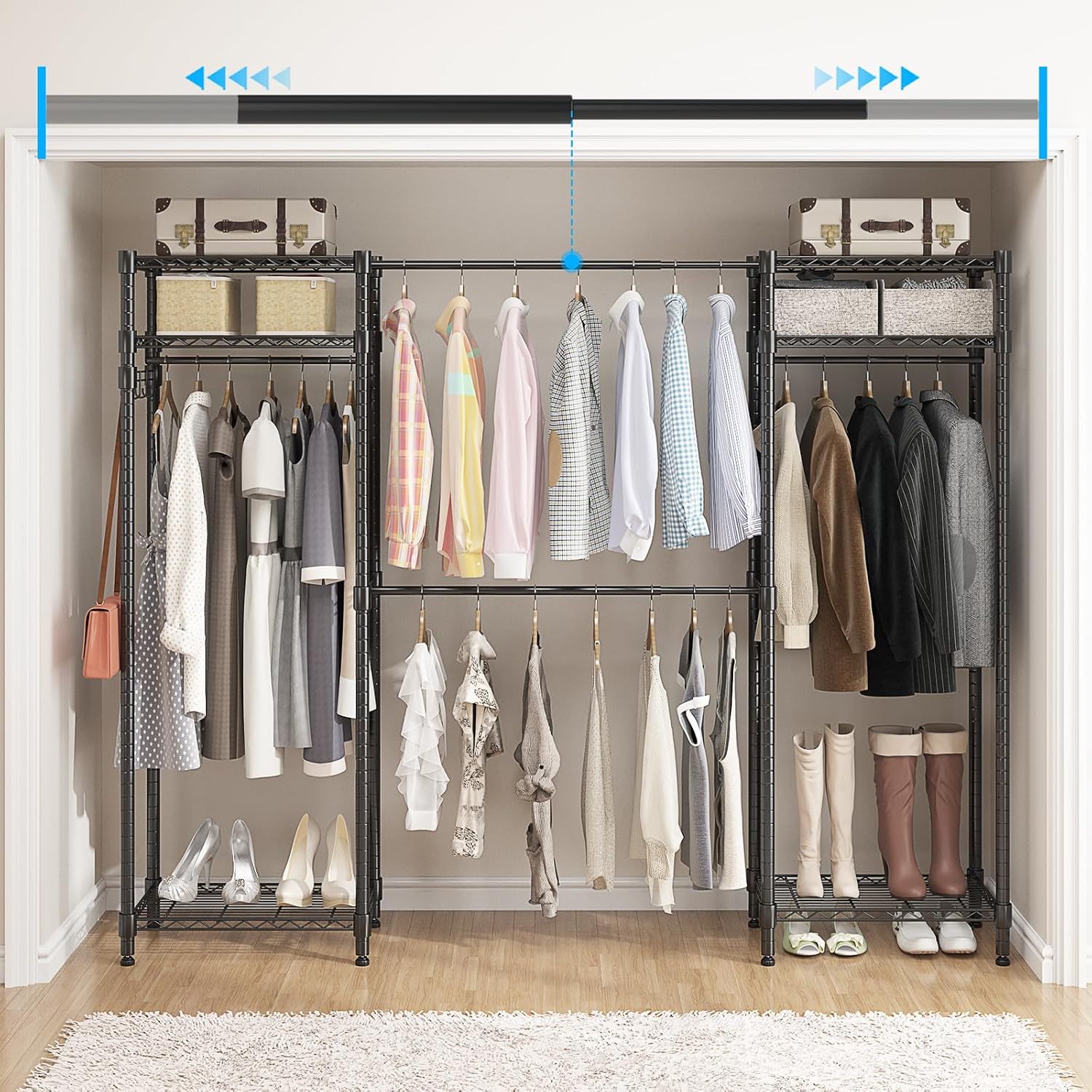 Homdox Heavy Duty Garment Rack with Extendable Hanging Rods, Adjustable Metal Clothing Rack for Hanging Clothes, Freestanding Closet Wardrobe Clothes Rack with Wire Storage Shelves, Black